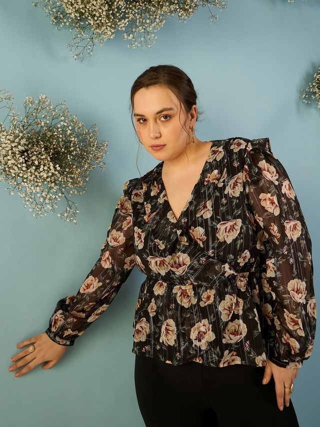 Floral Print Puff Sleeve Georgette Wrap Top