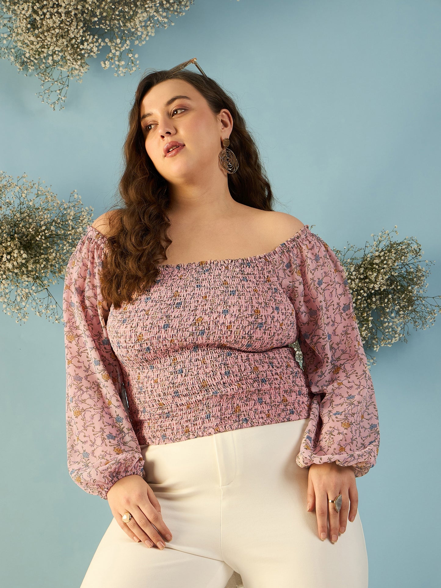 Bishop Sleeve Smocked Bardot Top