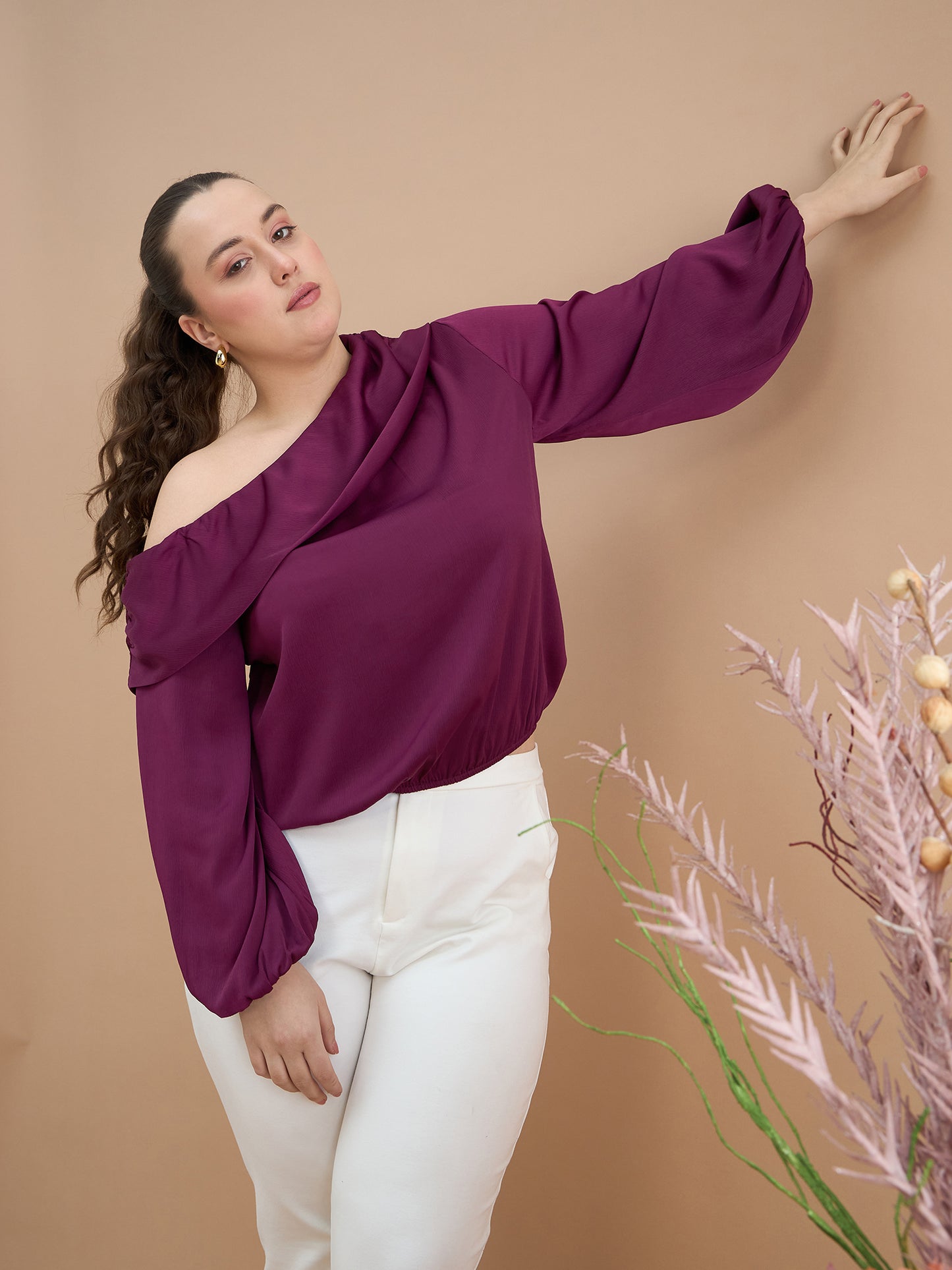 Asymmetrical Neckline Bishop Sleeve Top