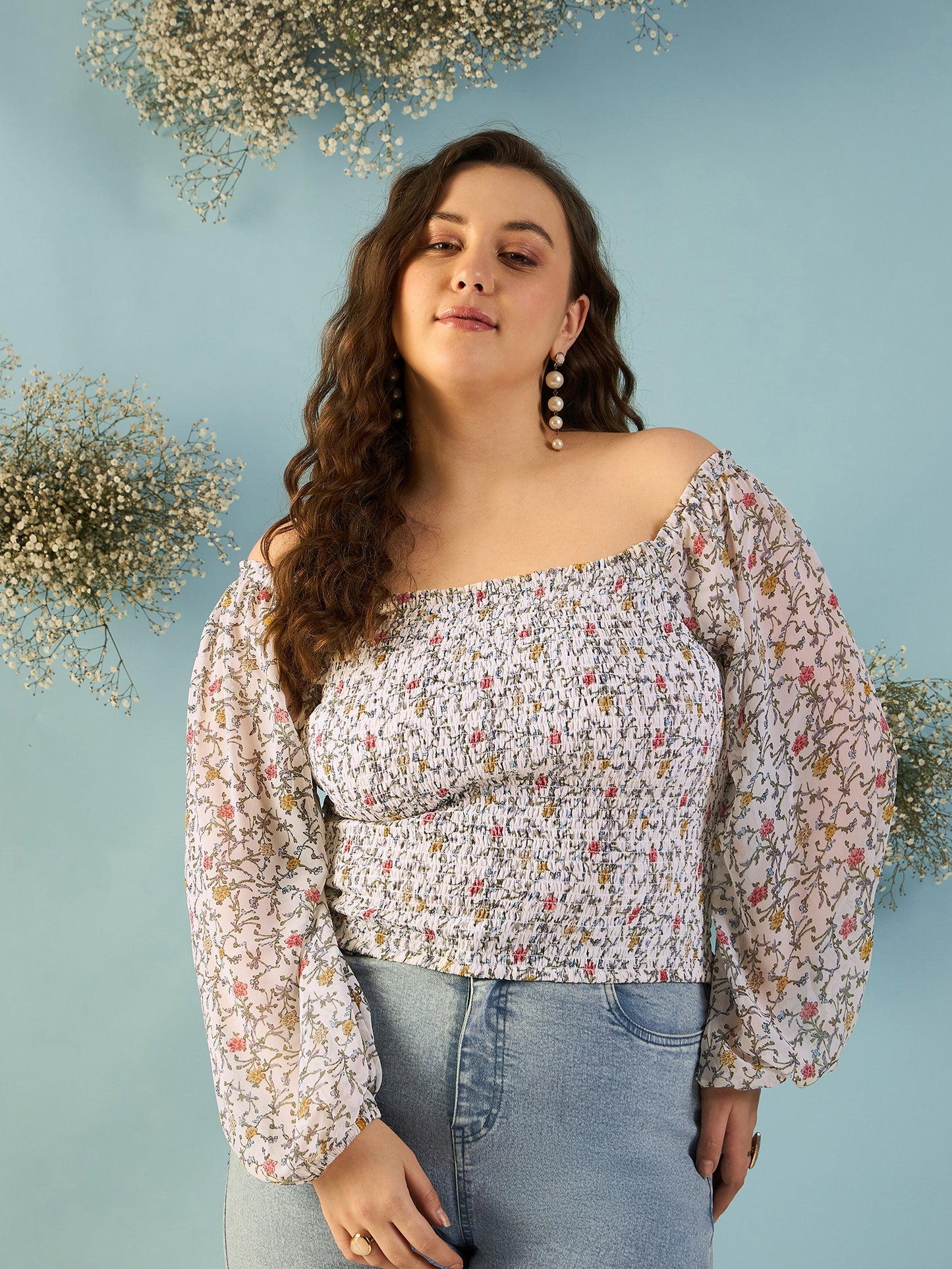 Bishop Sleeve Smocked Bardot Top