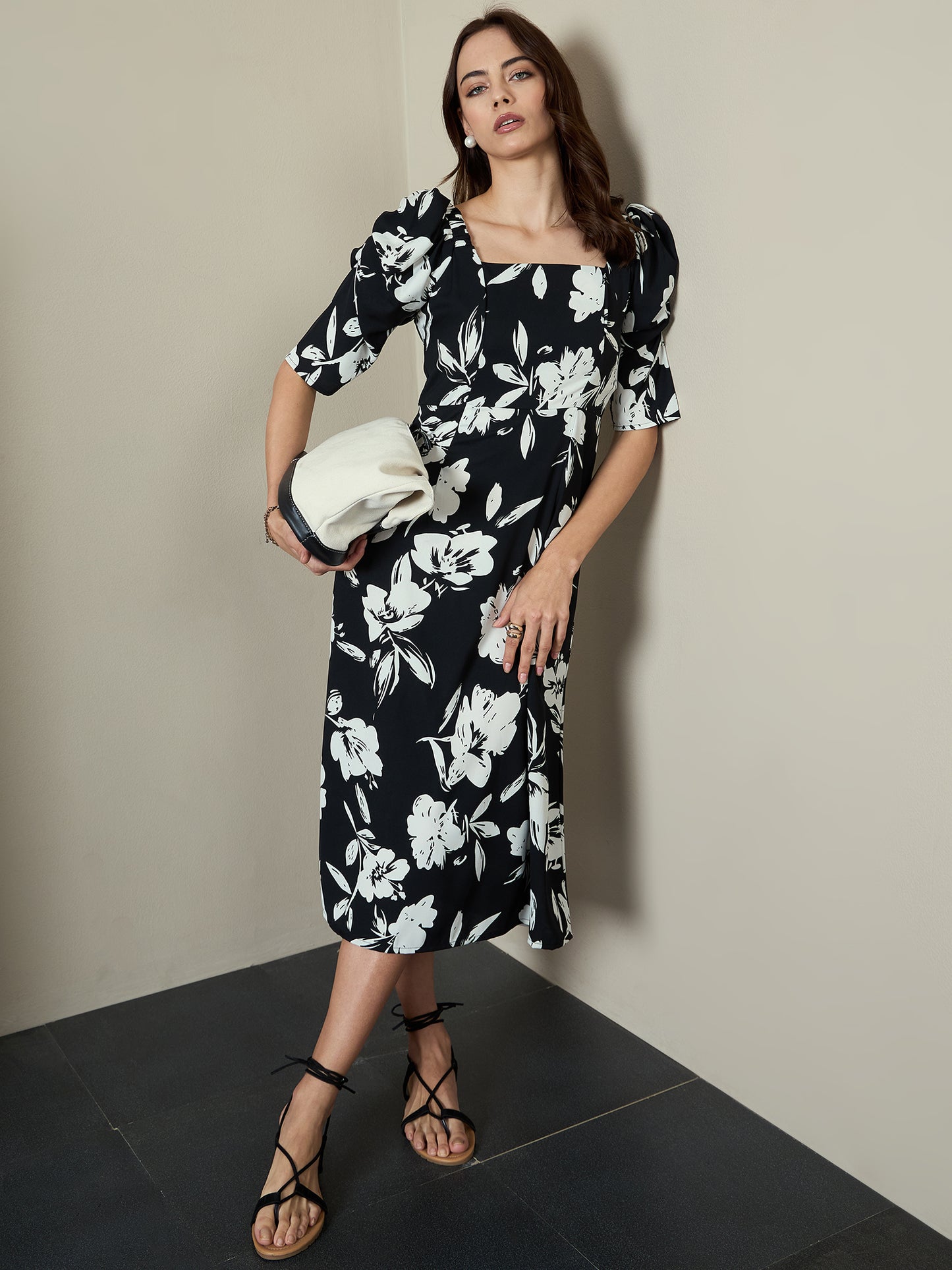 Printed A-Line Power Shoulder Dress