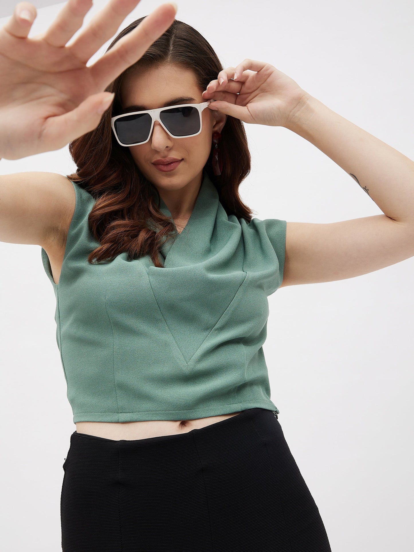 Moss Crepe Cowl Neck Top