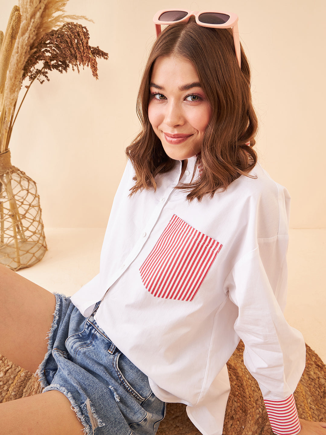 Red Stripes Deatiling White Shirt