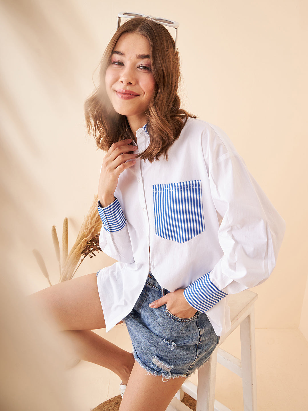 Blue Stripes Deatiling White Shirt