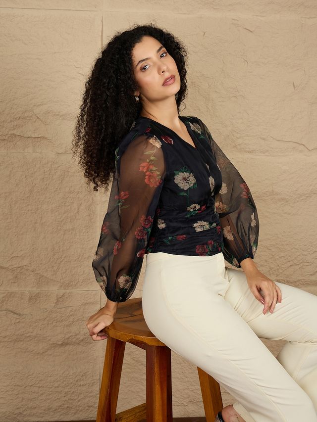 Floral Print Puff Sleeve Smocked Top