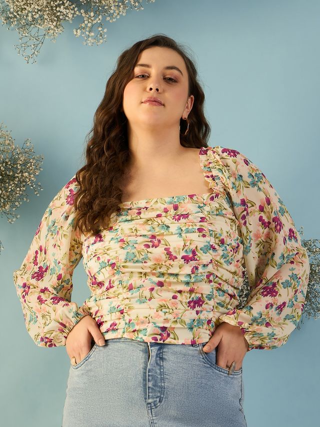 Floral Print Puff Sleeve Georgette Top