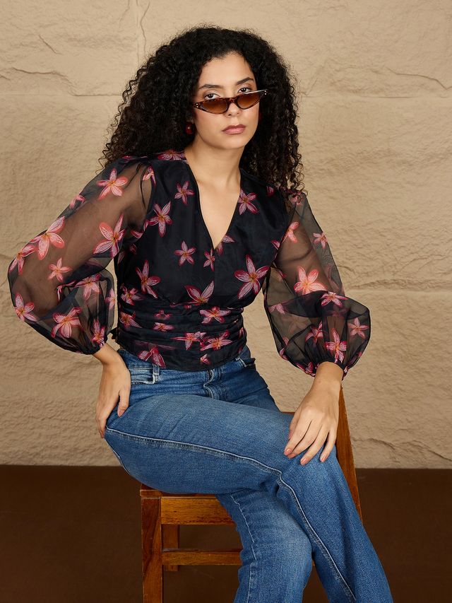 Floral Print Puff Sleeve Smocked Top