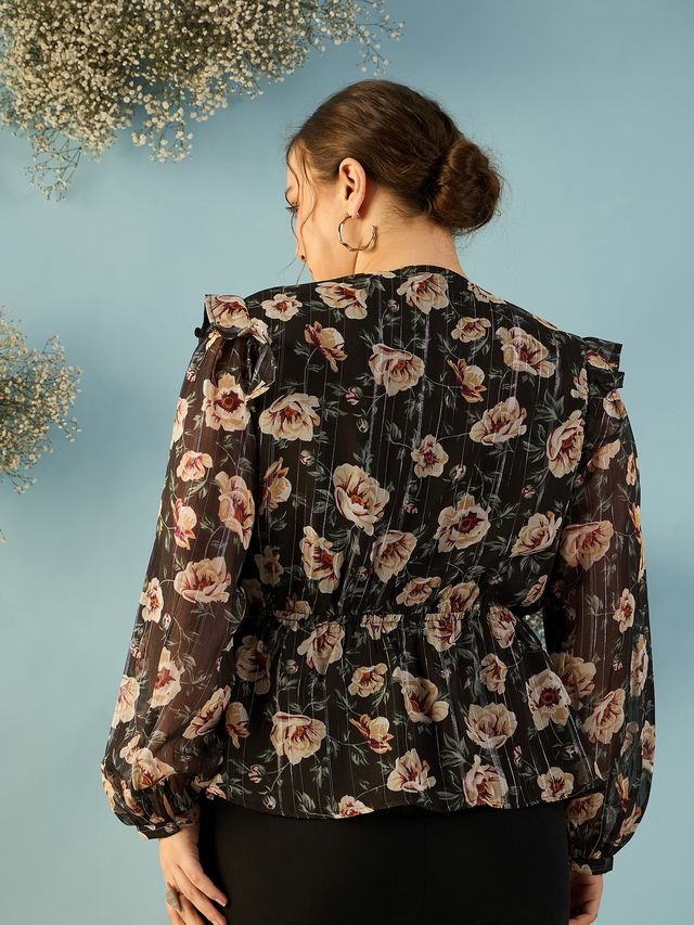 Floral Print Puff Sleeve Georgette Wrap Top