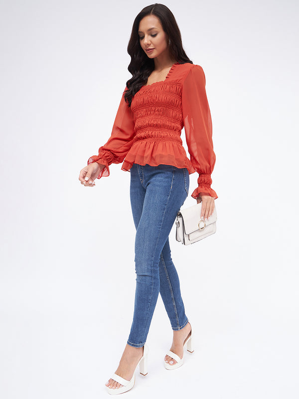 KIBO Georgette Square Neck Smoked Top