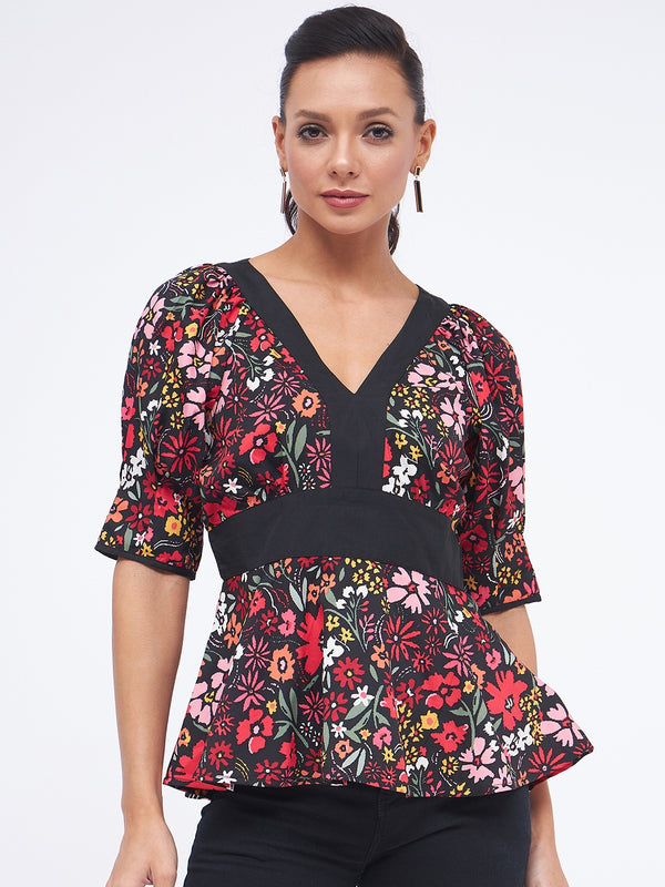KIBO Floral V-Neck Solid Panelled Top For Women