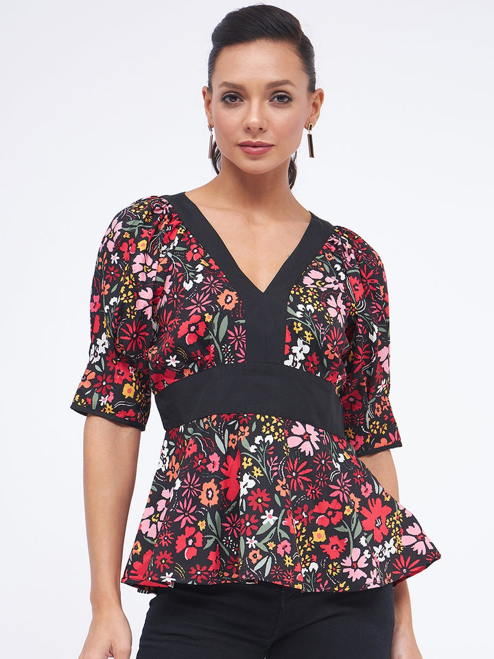 KIBO Floral V-Neck Solid Panelled Top For Women