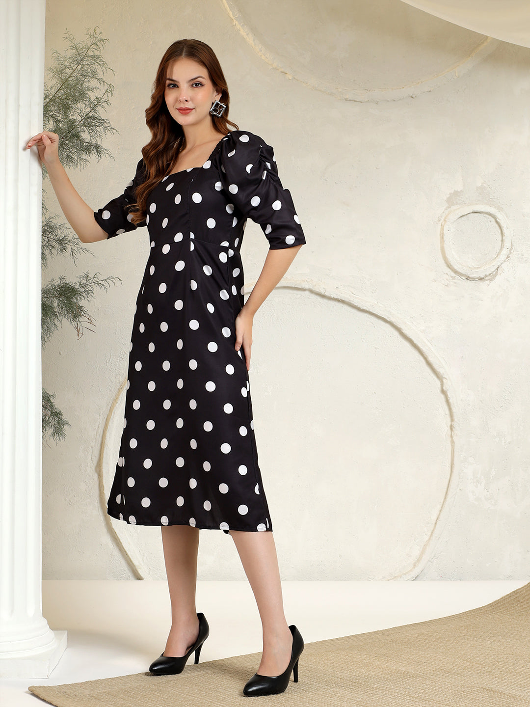 Printed A-Line Power Shoulder Dress