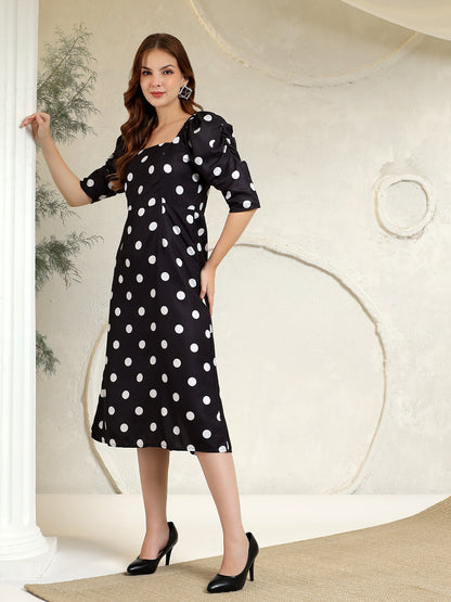 Printed A-Line Power Shoulder Dress