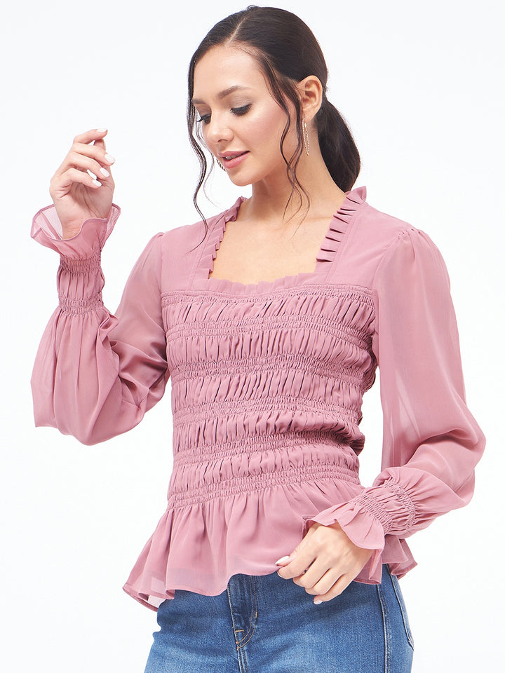 KIBO Georgette Square Neck Smoked Top