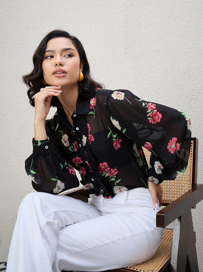 FLORAL PRINT FRILL SHIRT