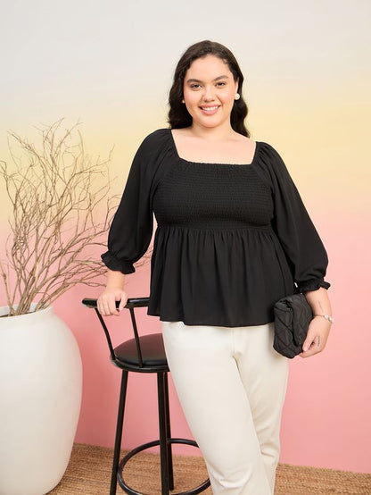 Smocked Crepe Peplum Top