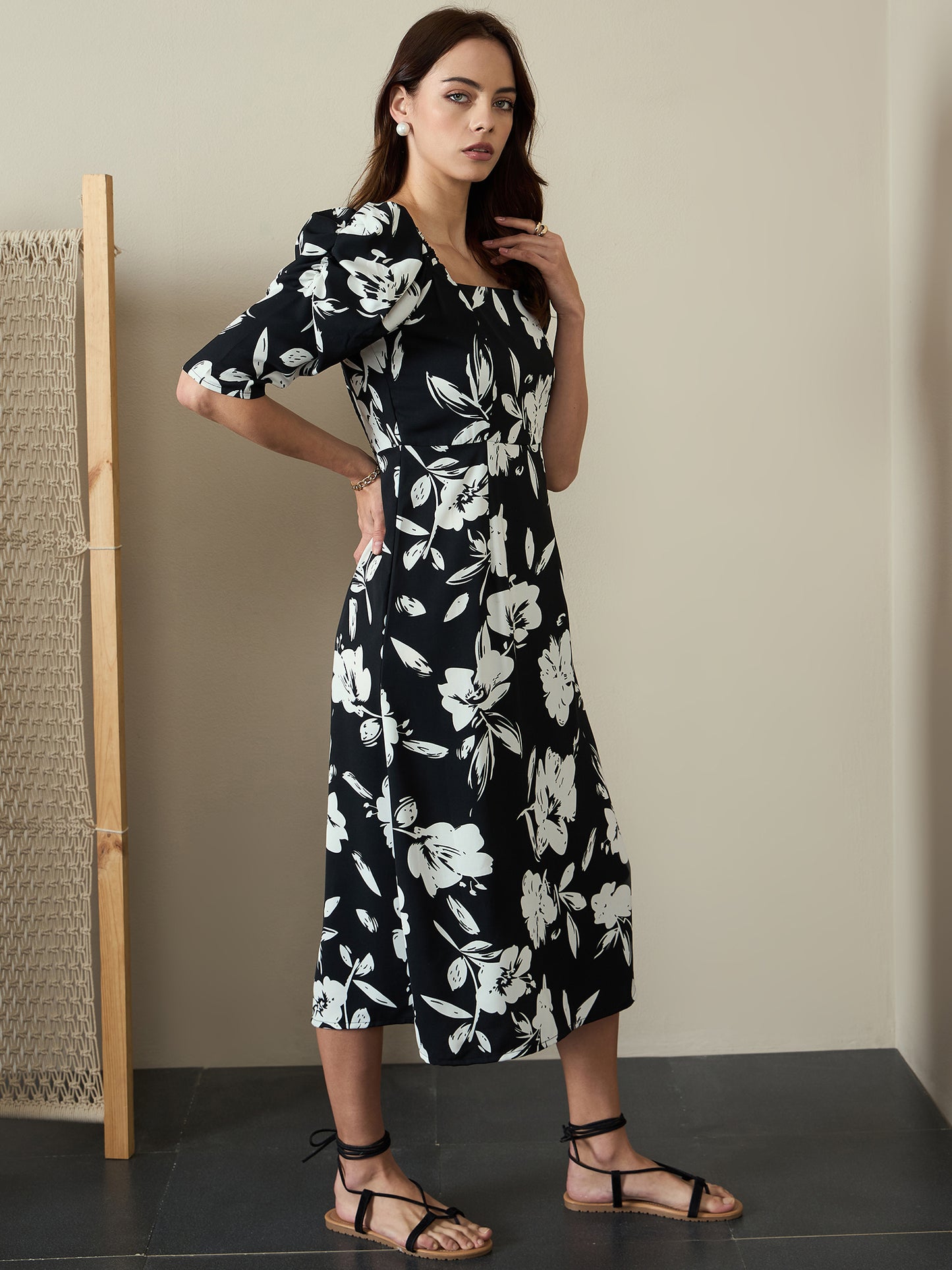 Printed A-Line Power Shoulder Dress