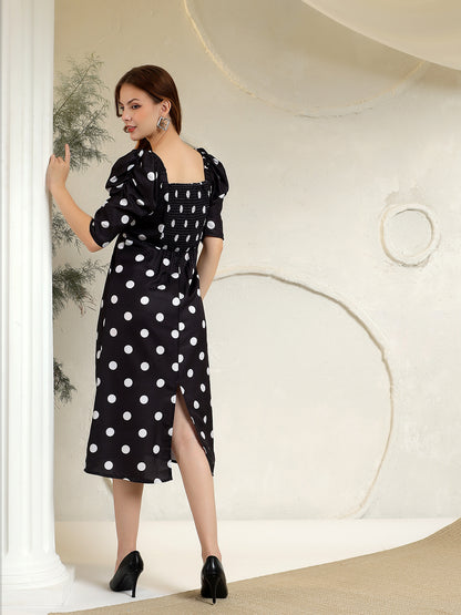 Printed A-Line Power Shoulder Dress