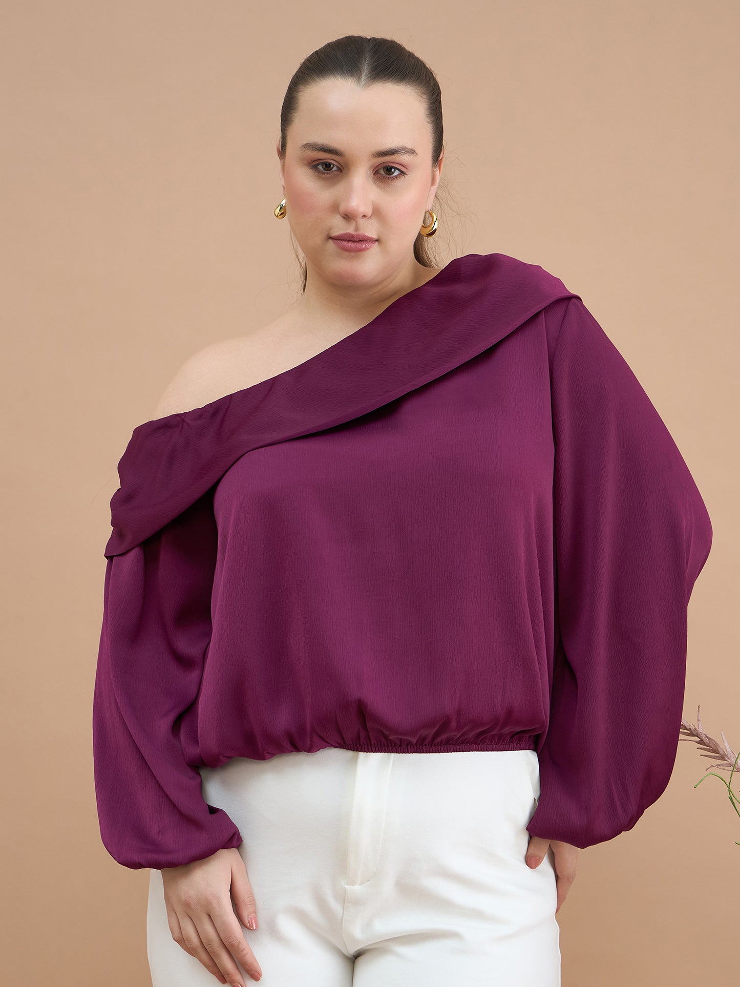 Asymmetrical Neckline Bishop Sleeve Top