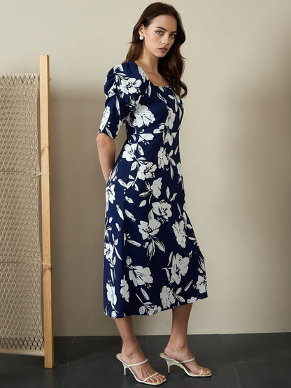 Printed A-Line Power Shoulder Dress