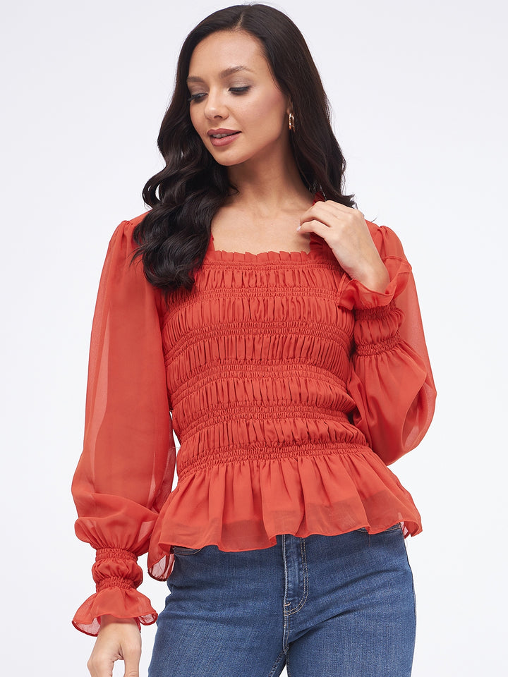 KIBO Georgette Square Neck Smoked Top