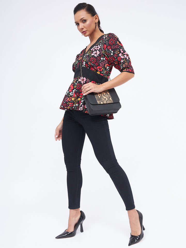 KIBO Floral V-Neck Solid Panelled Top For Women