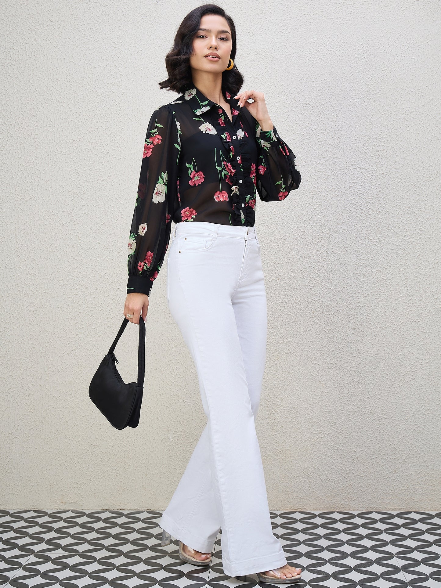FLORAL PRINT FRILL SHIRT