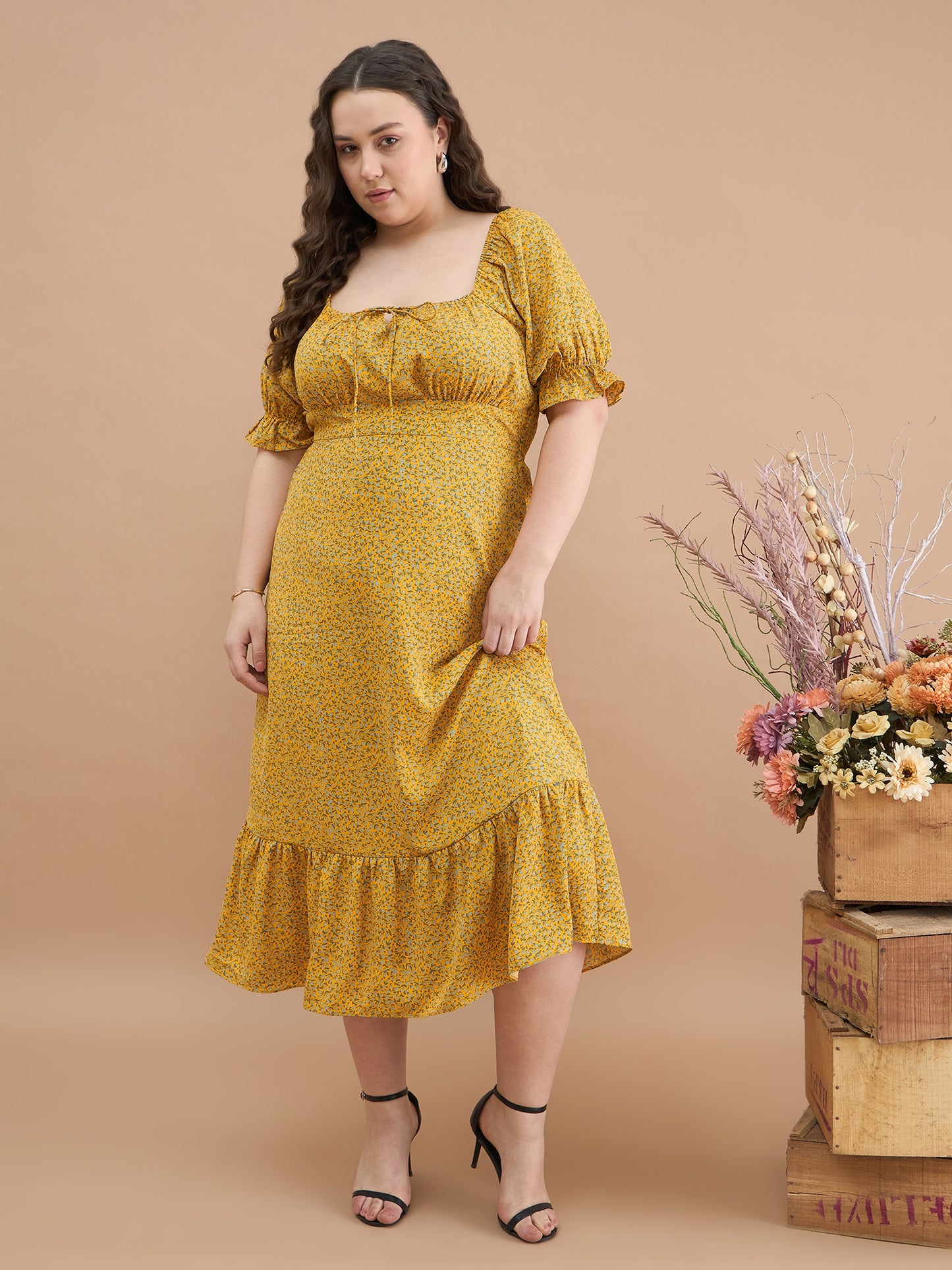 Puff Sleeves Midi Dress