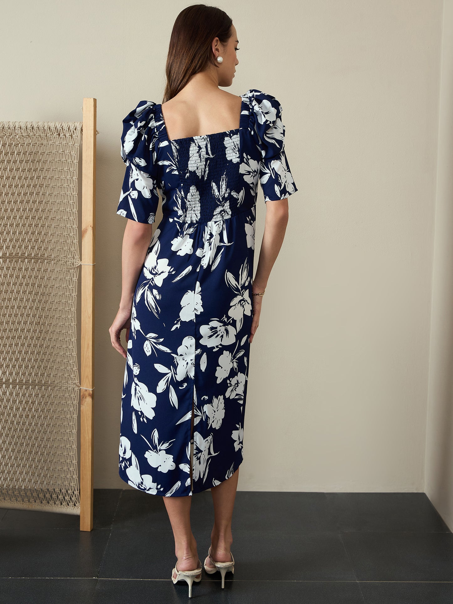 Printed A-Line Power Shoulder Dress