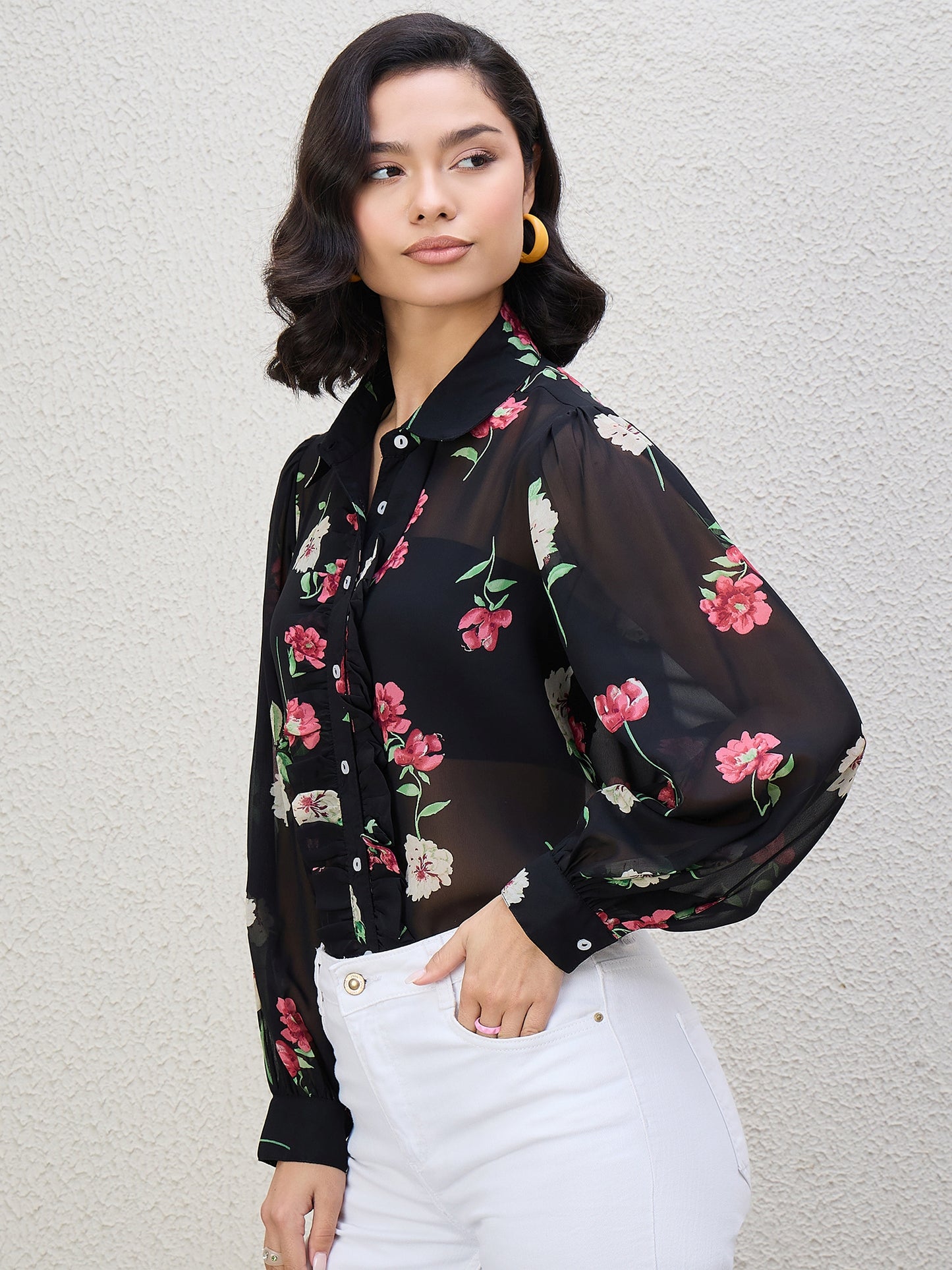 FLORAL PRINT FRILL SHIRT