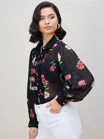 FLORAL PRINT FRILL SHIRT