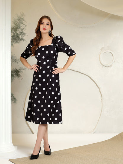 Printed A-Line Power Shoulder Dress