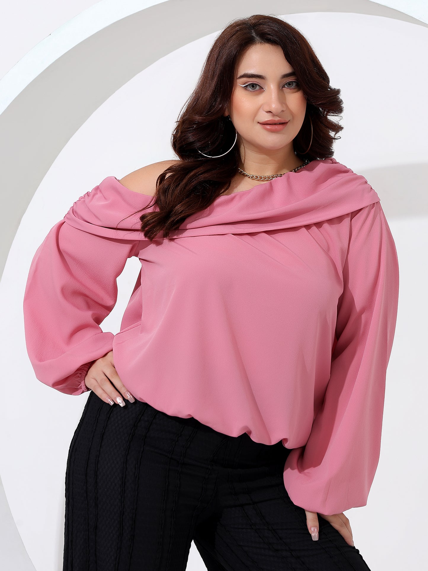 Asymmetrical Neckline Bishop Sleeve Top