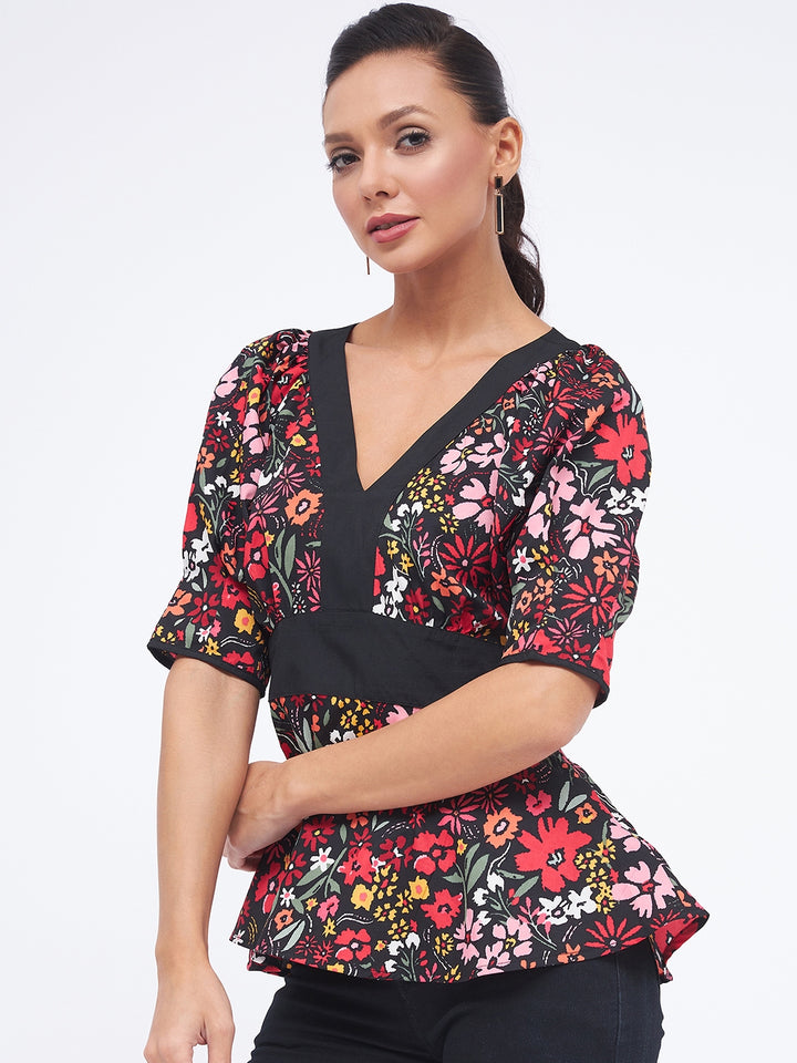 KIBO Floral V-Neck Solid Panelled Top For Women