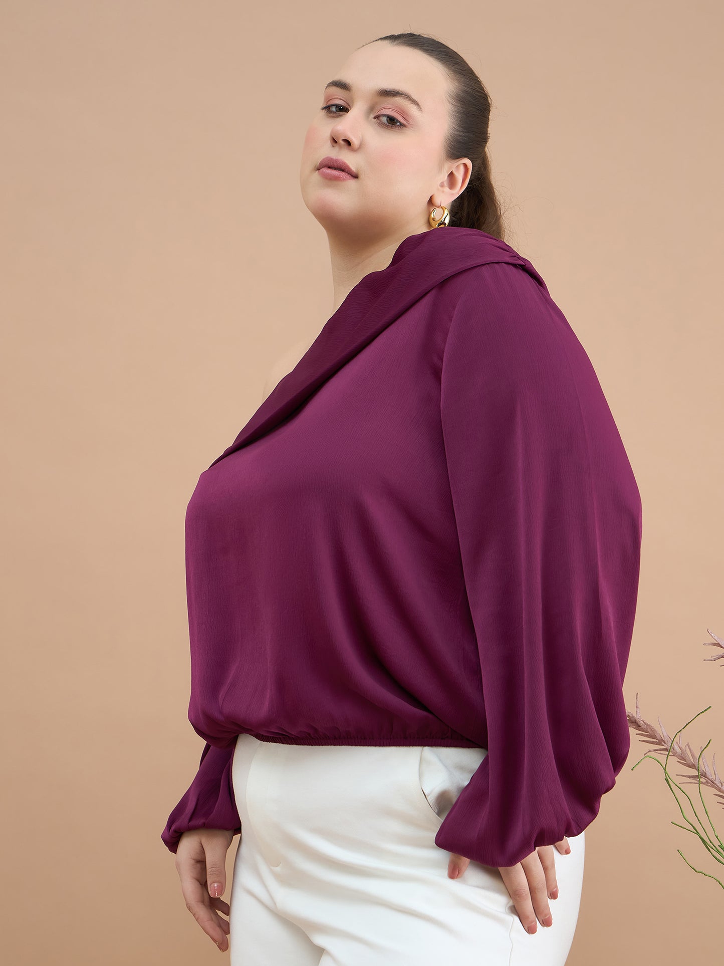 Asymmetrical Neckline Bishop Sleeve Top