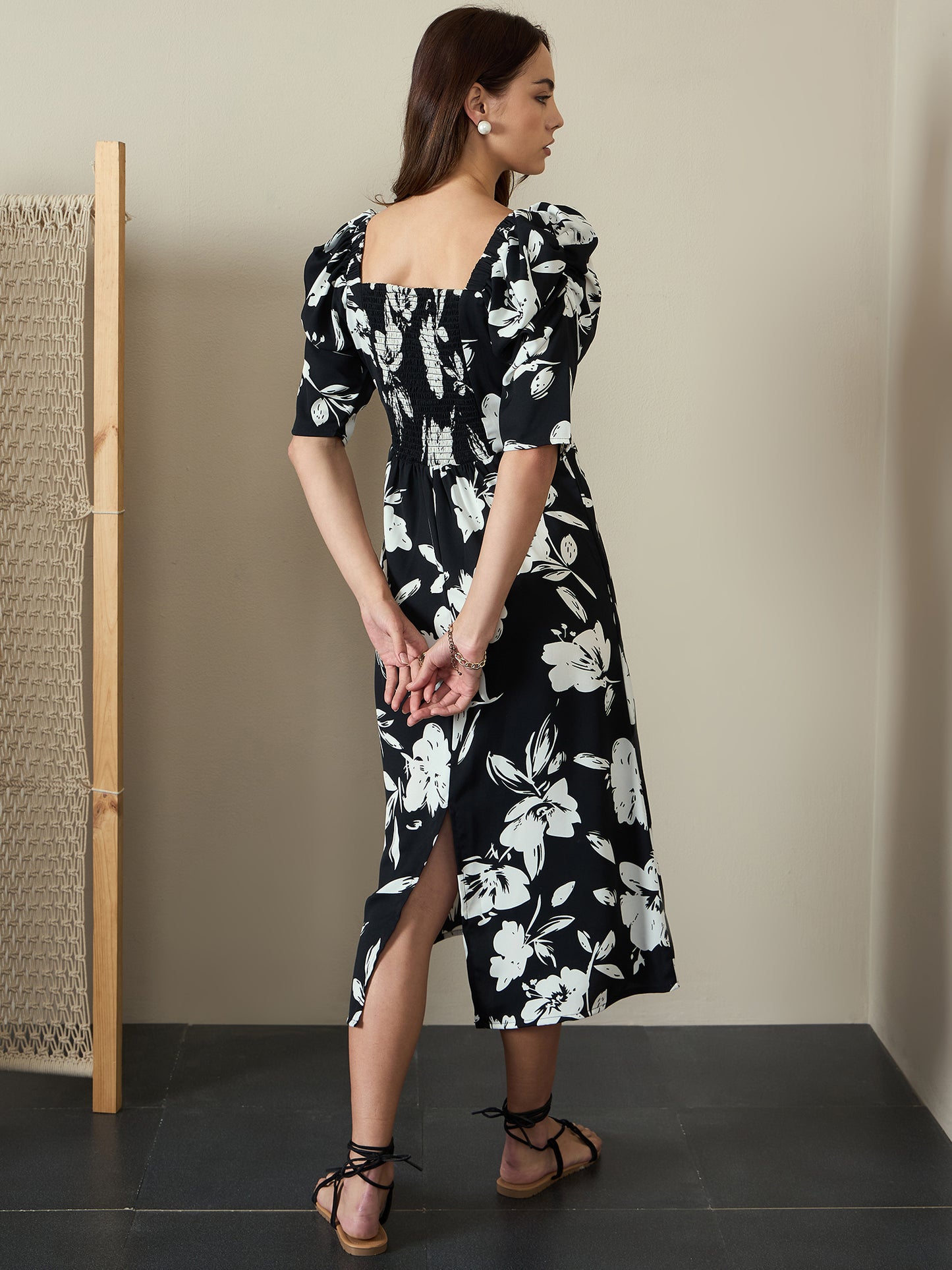 Printed A-Line Power Shoulder Dress