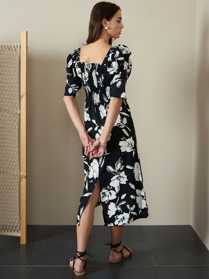 Printed A-Line Power Shoulder Dress