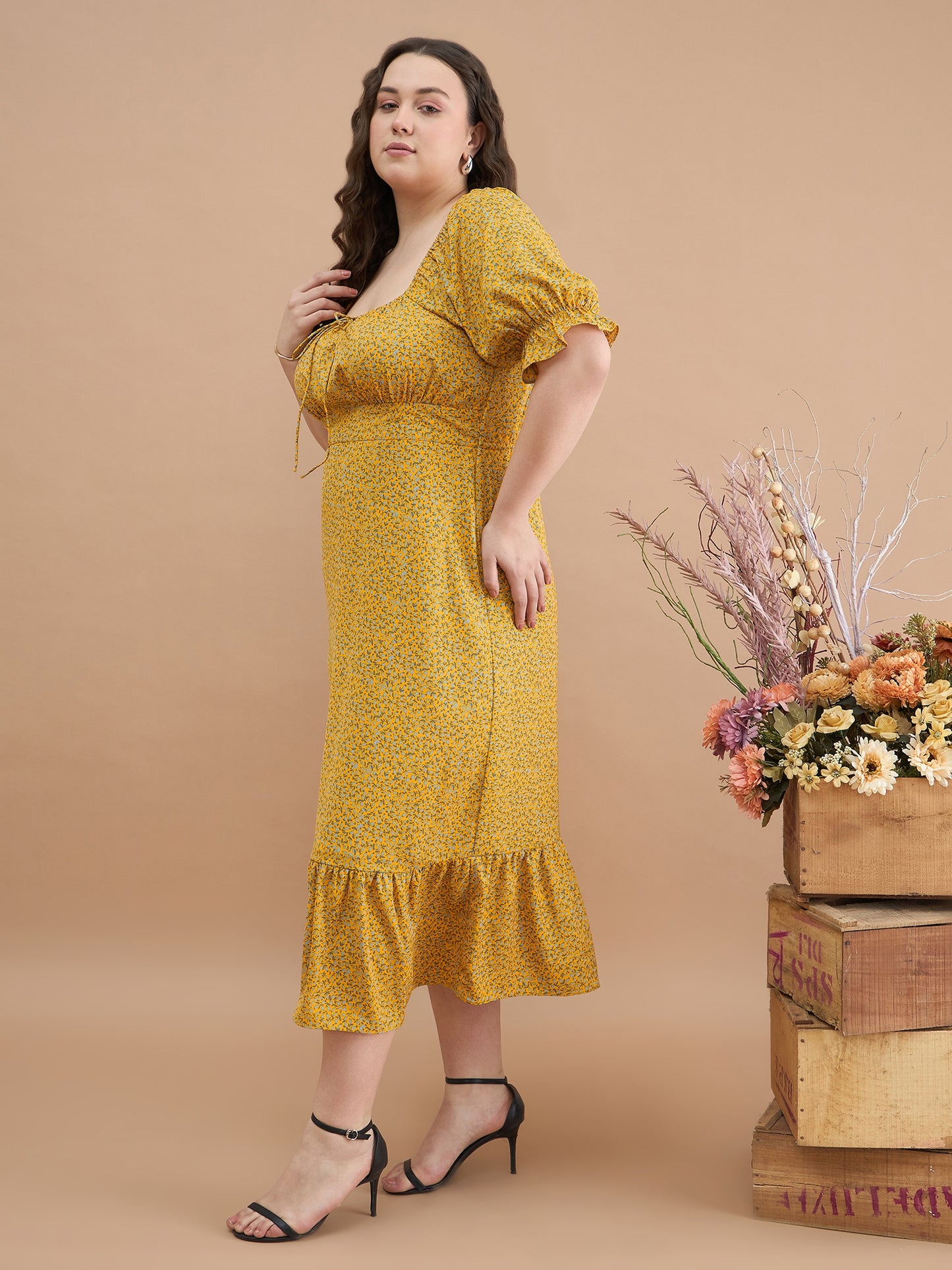 Puff Sleeves Midi Dress