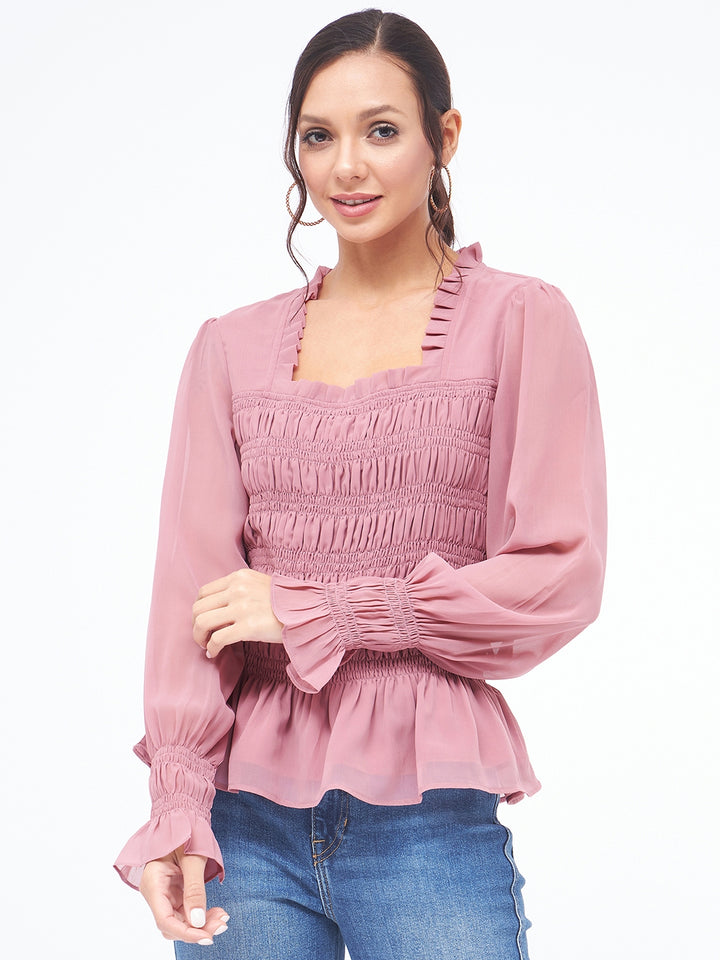 KIBO Georgette Square Neck Smoked Top