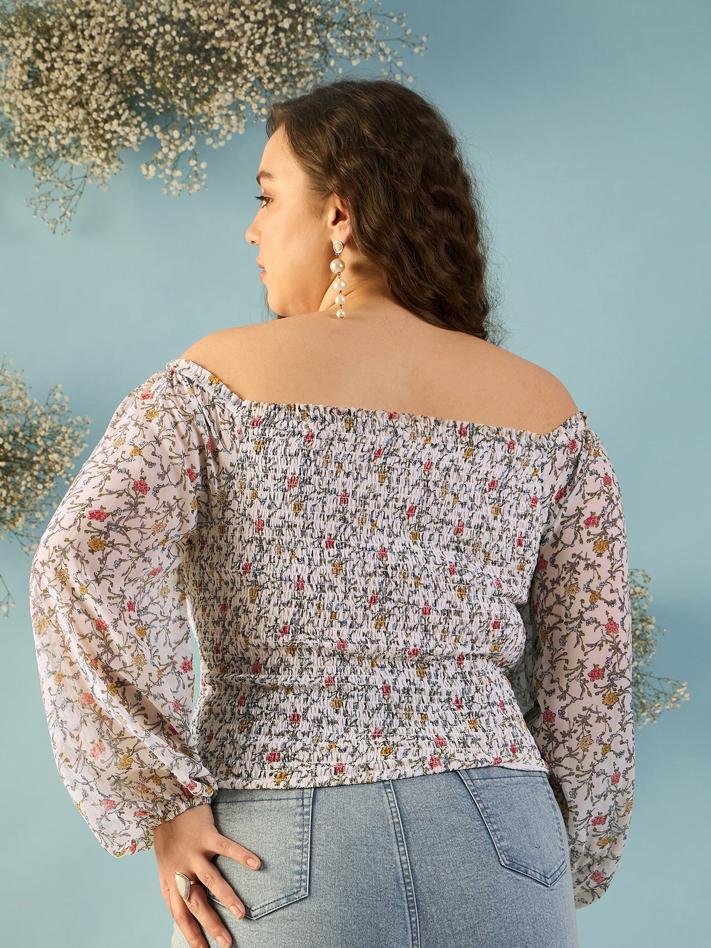 Bishop Sleeve Smocked  Bardot Top