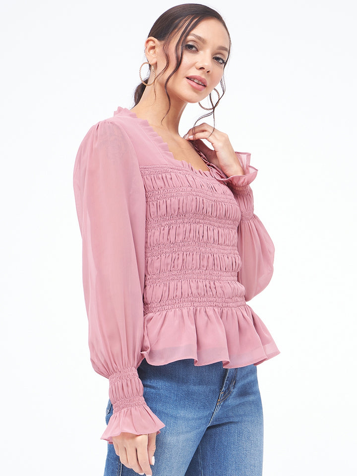 KIBO Georgette Square Neck Smoked Top