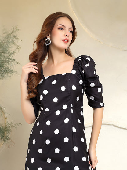 Printed A-Line Power Shoulder Dress