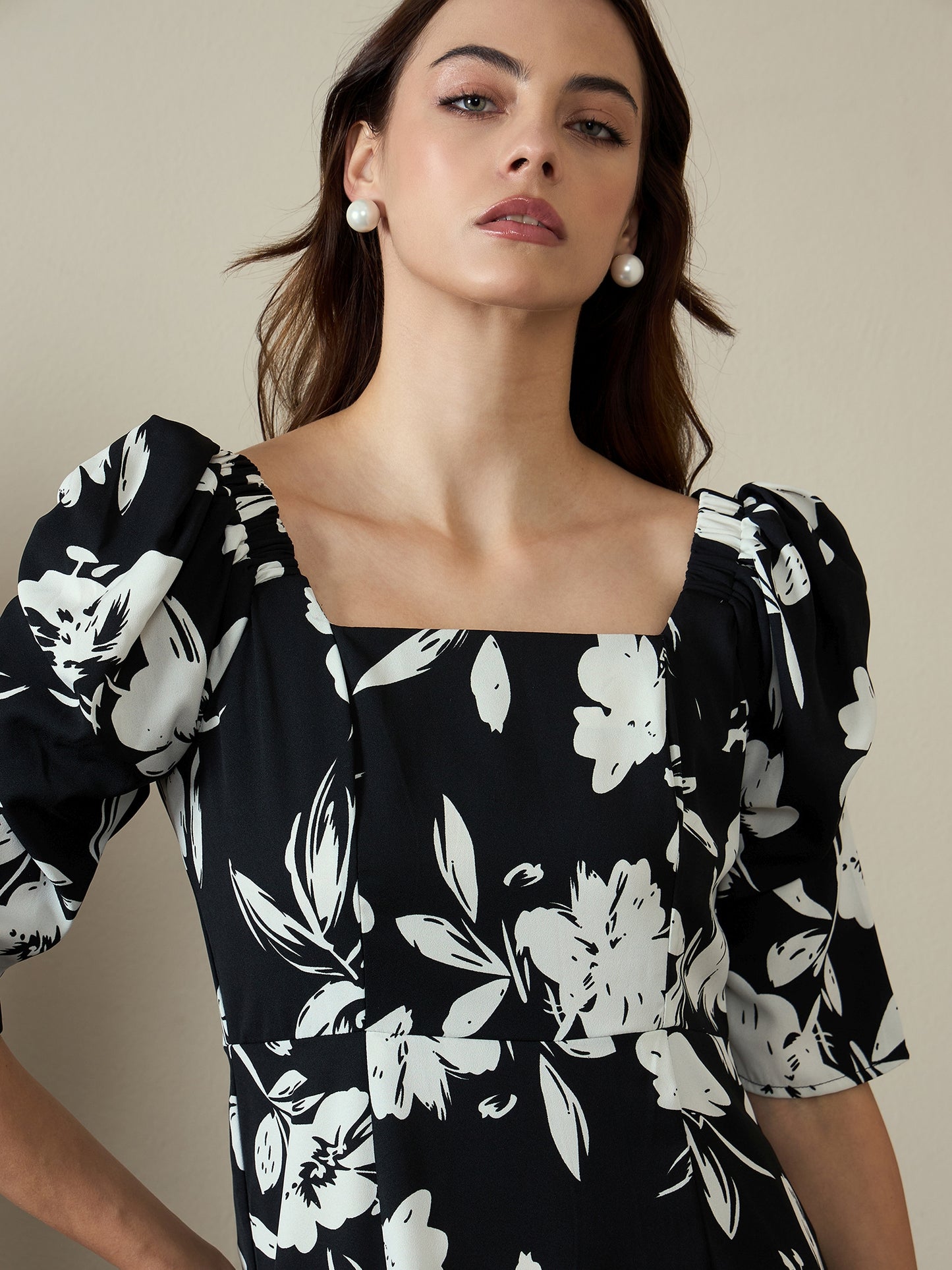 Printed A-Line Power Shoulder Dress