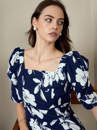 Printed A-Line Power Shoulder Dress