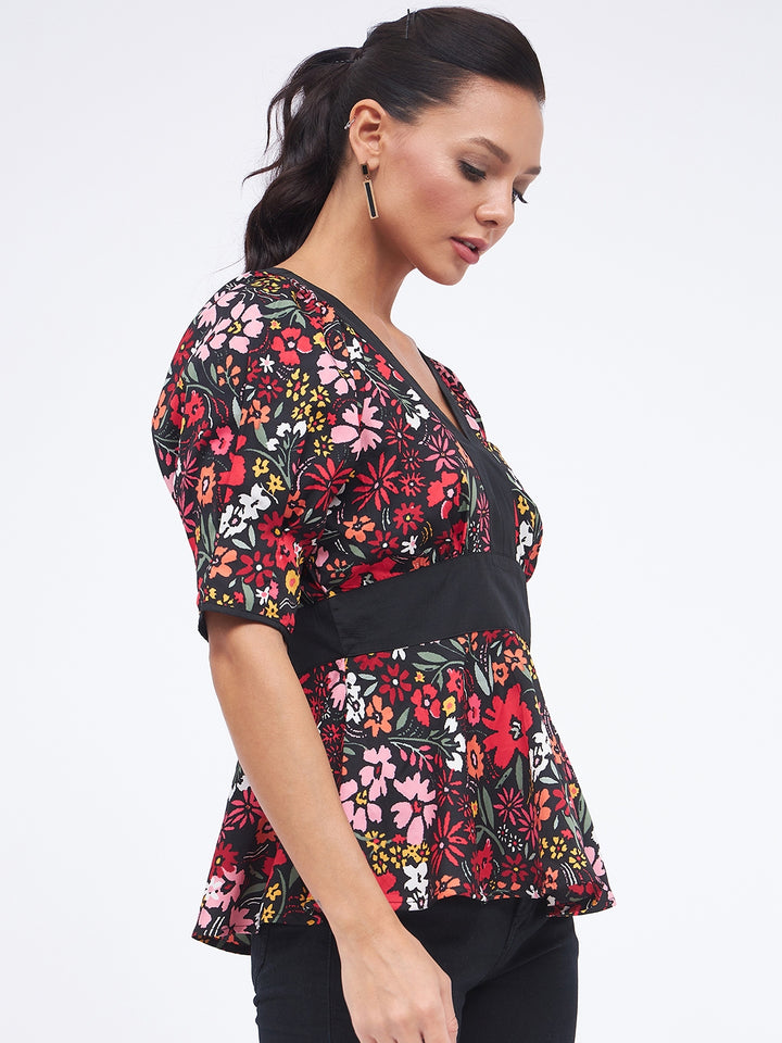KIBO Floral V-Neck Solid Panelled Top For Women