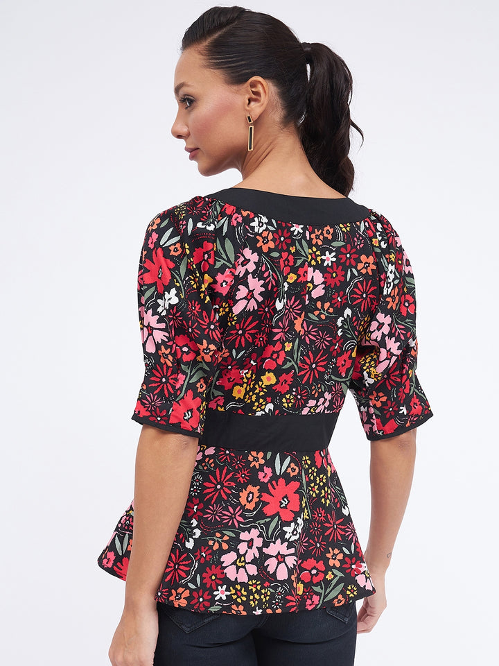 KIBO Floral V-Neck Solid Panelled Top For Women