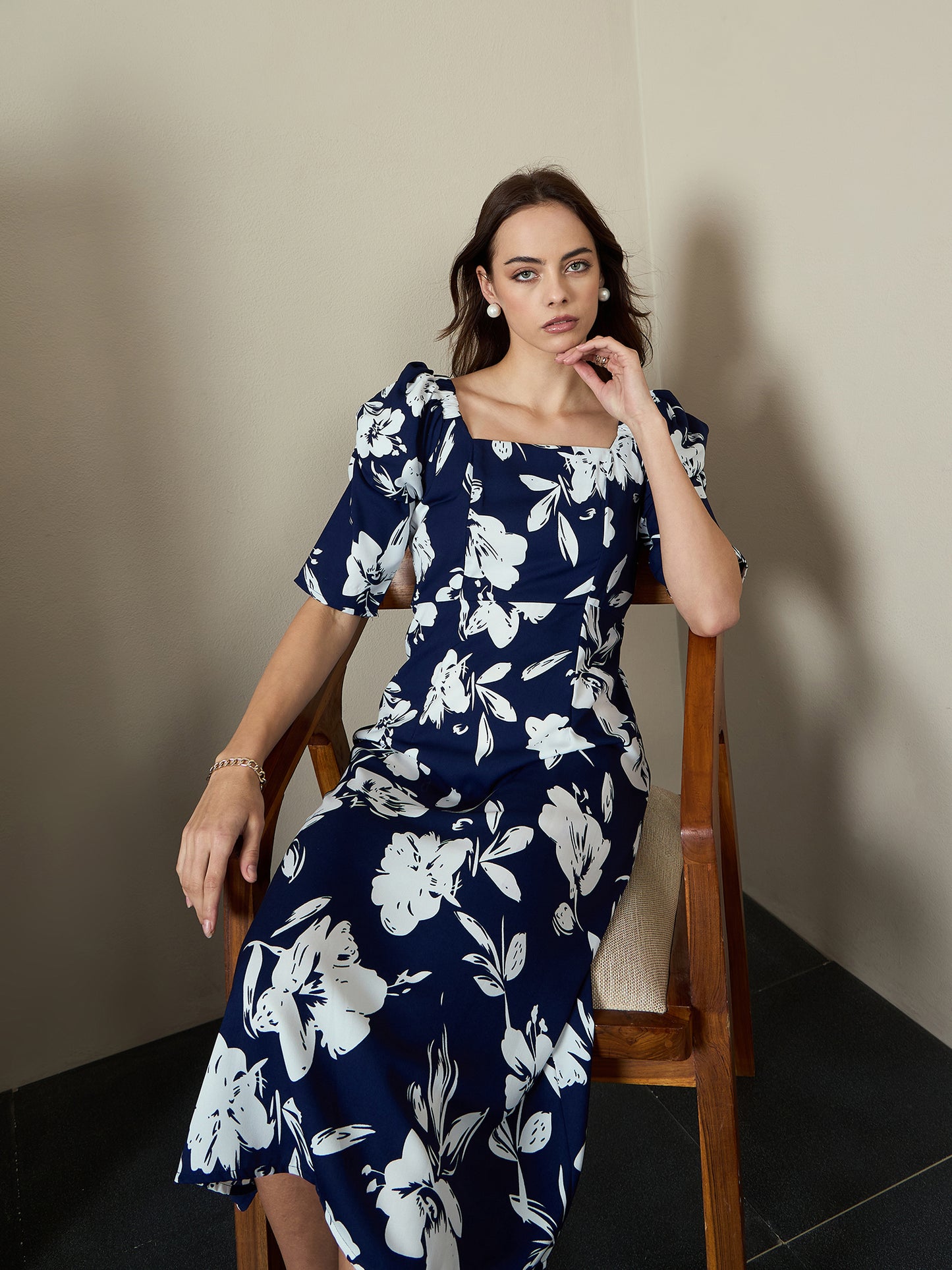 Printed A-Line Power Shoulder Dress