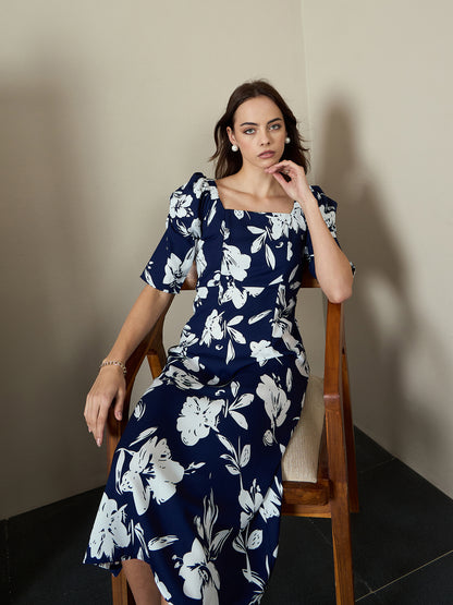 Printed A-Line Power Shoulder Dress