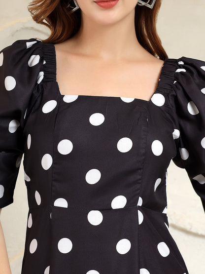 Printed A-Line Power Shoulder Dress