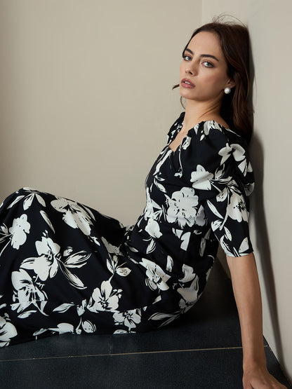 Printed A-Line Power Shoulder Dress